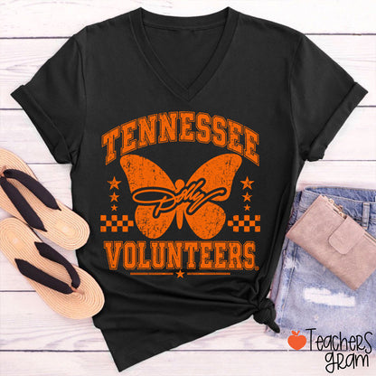 Volunteers Dolly Distressed Butterfly Teacher V-Neck T-Shirt