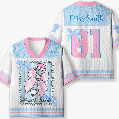 Personalized Grade And Name Coquette Pencil Bow Kids Mesh Jersey