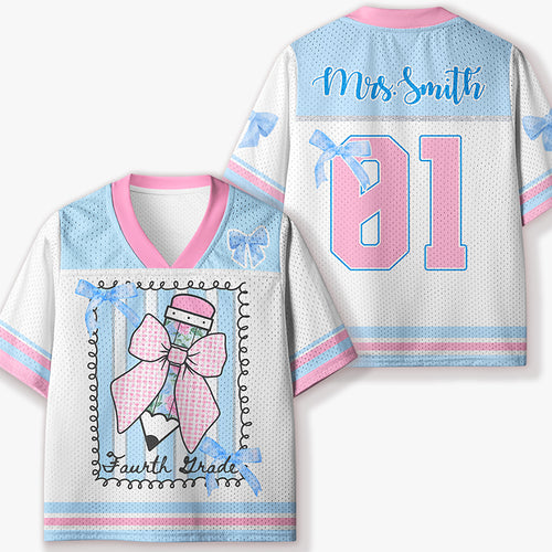Personalized Grade And Name Coquette Pencil Bow Kids Mesh Jersey