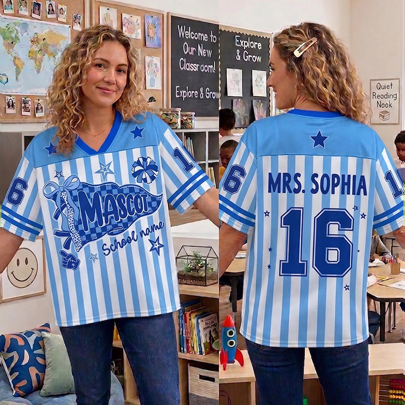Personalized Mascot School Name Teacher Name Number Striped Mesh Jersey