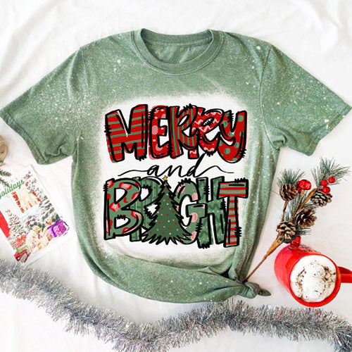 Merry And Bright Christmas Tree Teacher Printed Super Soft T-Shirt