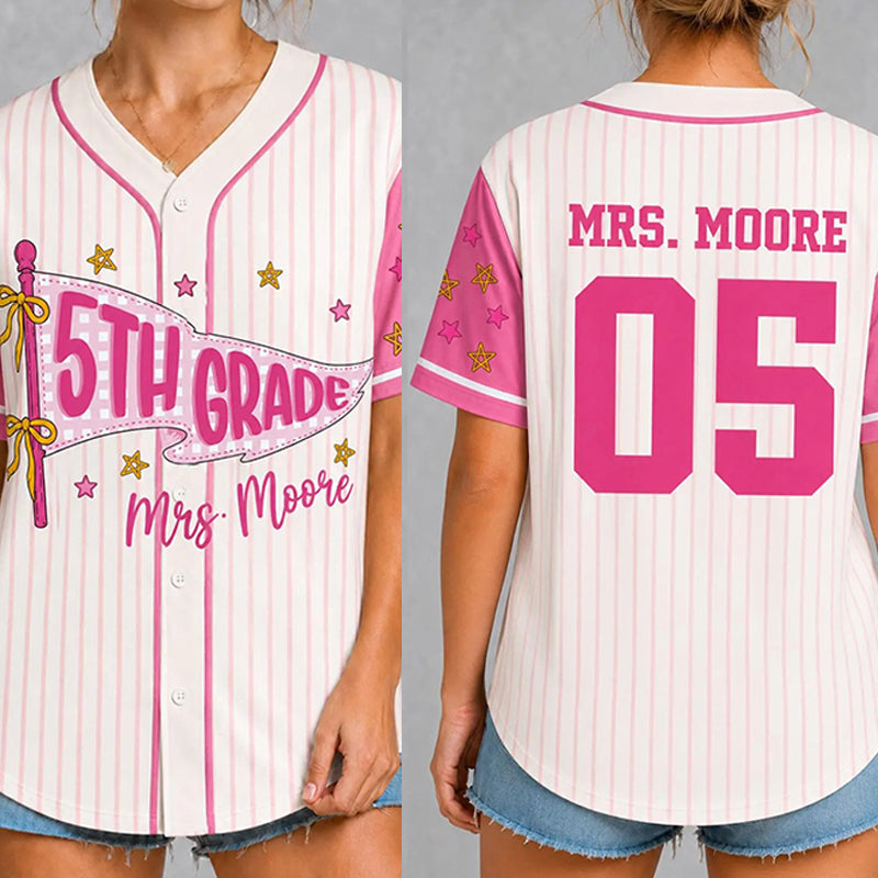 Personalized Grade And Name Pennant Striped Teacher Baseball Jersey
