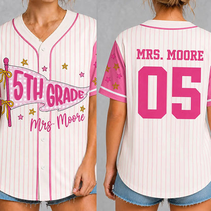 Personalized Grade And Name Pennant Striped Teacher Baseball Jersey
