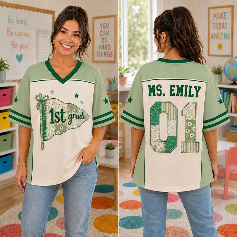 Personalized Grade And Name Preppy Patchwork Pennant First Day Teacher Mesh Jersey