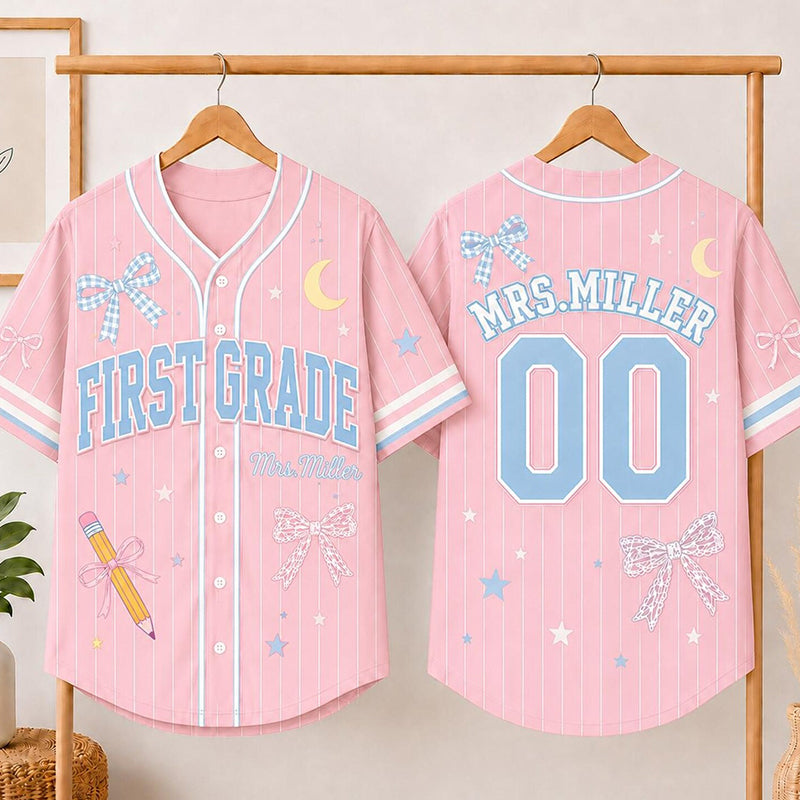 Personalized Grade And Name Bow Pencil Star Moon Graphic Teacher Baseball Jersey