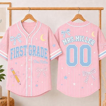 Personalized Grade And Name Bow Pencil Star Moon Graphic Teacher Baseball Jersey