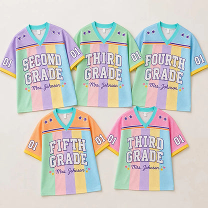 Personalized Grade And Name Preppy Rainbow Vertical Stripes First Day Teacher Mesh Jersey