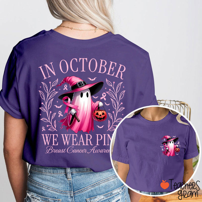 Halloween Beautifully Ghost Picture Breast Cancer Awareness Teacher Two Sided T-Shirt