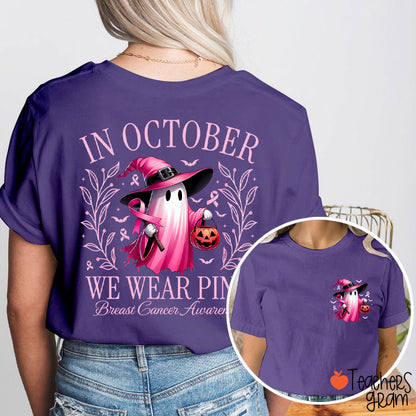 Halloween Beautifully Ghost Picture Breast Cancer Awareness Teacher Two Sided T-Shirt