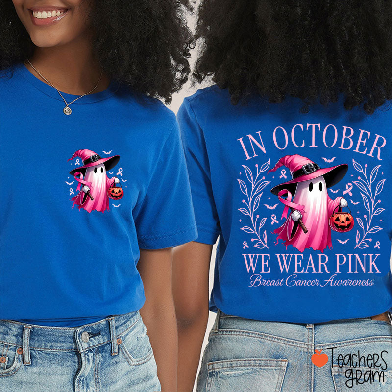 Halloween Beautifully Ghost Picture Breast Cancer Awareness Teacher Two Sided T-Shirt
