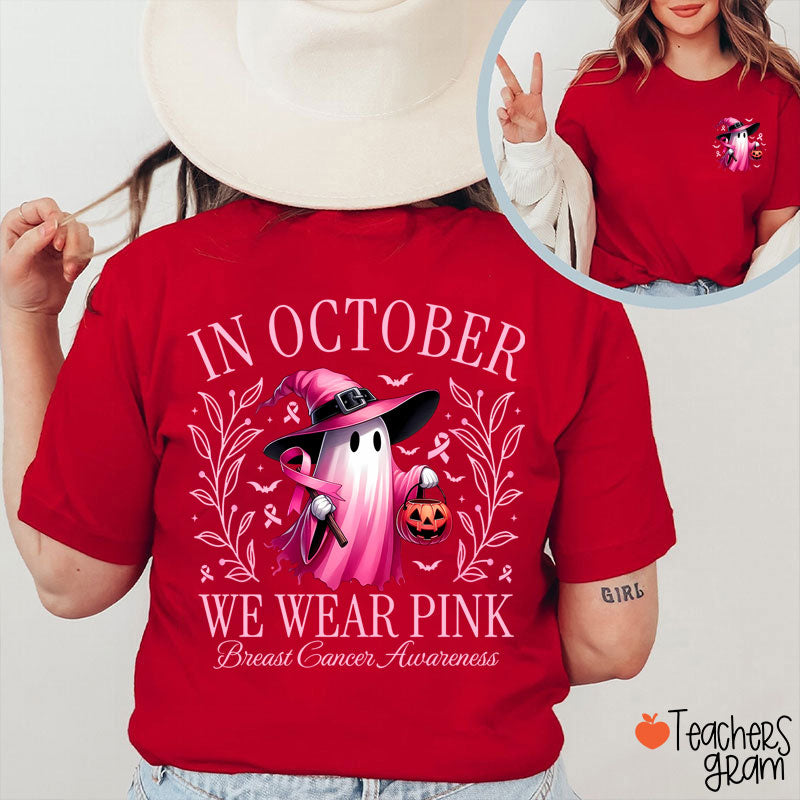 Halloween Beautifully Ghost Picture Breast Cancer Awareness Teacher Two Sided T-Shirt