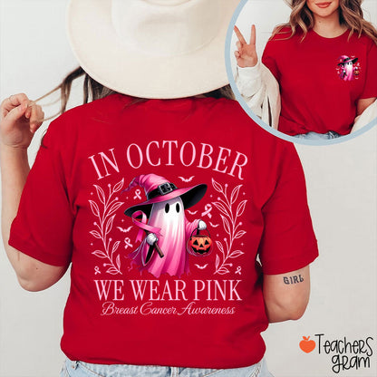 Halloween Beautifully Ghost Picture Breast Cancer Awareness Teacher Two Sided T-Shirt