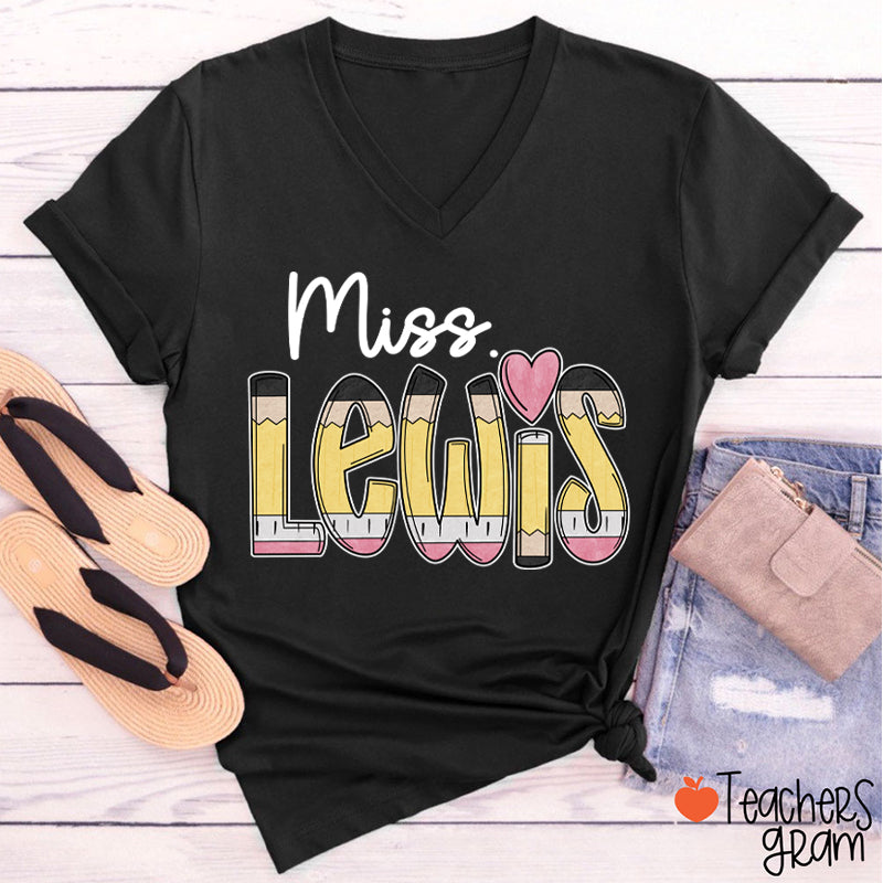 Personalized Pencil Name Teacher Female V-Neck T-Shirt