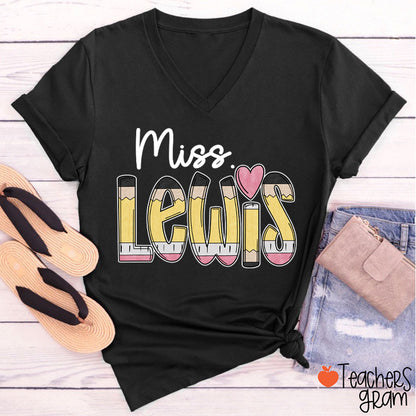 Personalized Pencil Name Teacher Female V-Neck T-Shirt