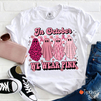 Pink Ghost Ribbon October Teacher T-Shirt