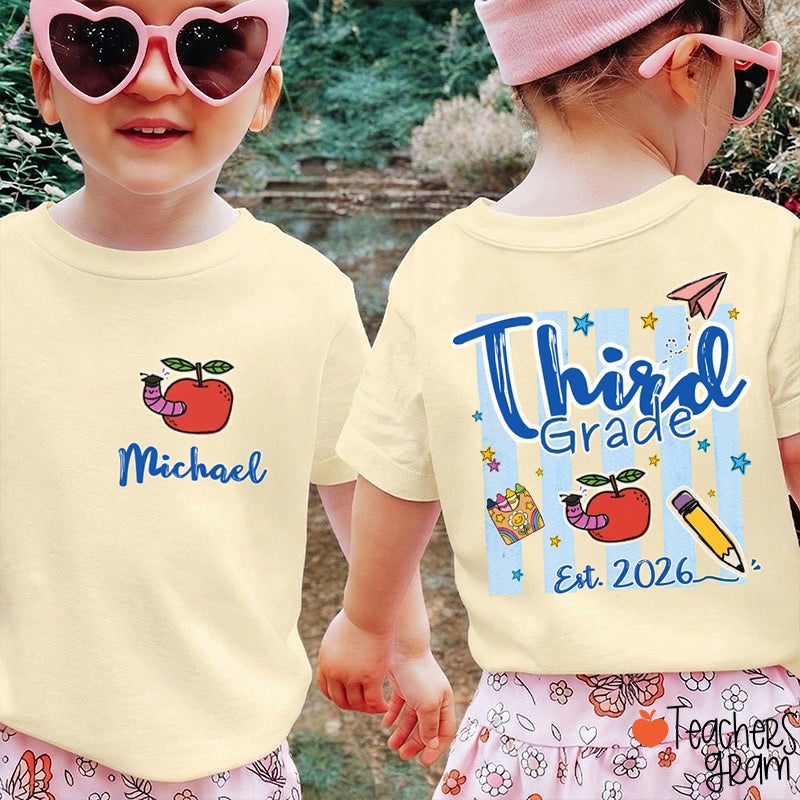Personalized Name And Grade Apple Preppy Stripes Class Two Sided T-Shirt