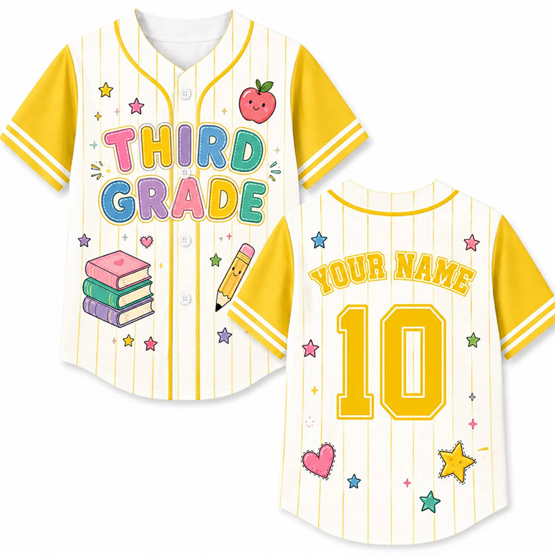 Personalized Grade And Name Preppy Stripes Books Apple Pencil Teacher Baseball Jersey
