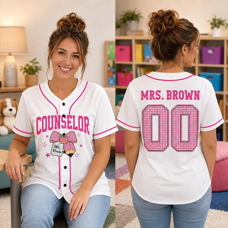 Personalized Grade And Name Pencil Bow Gingham Teacher Baseball Jersey