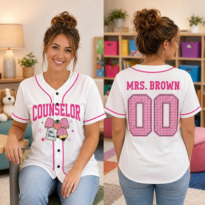 Personalized Grade And Name Pencil Bow Gingham Teacher Baseball Jersey