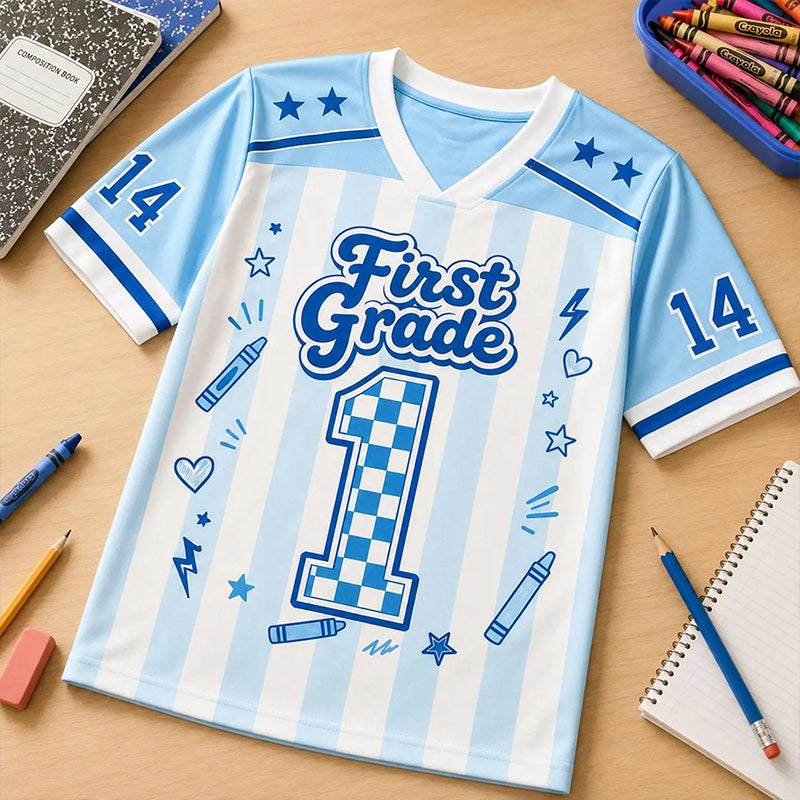 Personalized Grade Stripe Check Number Teacher Mesh Jersey