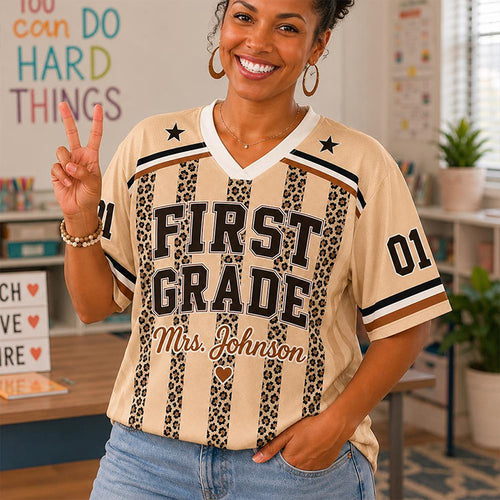 Personalized Grade And Name Leopard Stripe Teacher Mesh Jersey