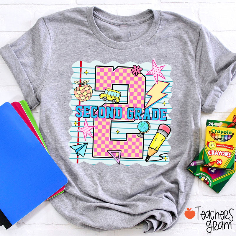 Personalized Pink Plaid And Notebook Style Teacher T-Shirt