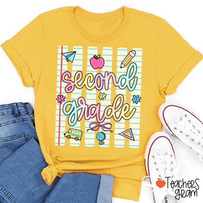 Personalized Grade Notebook Stripes Cute Icons Teacher T-Shirt