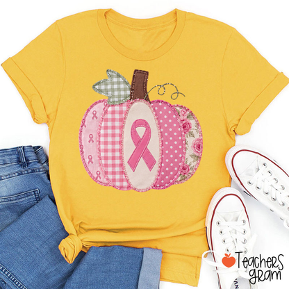 Pink Faux Patchwork Pumpkin Ribbon Teacher T-Shirt