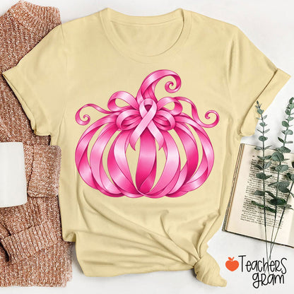 Pink Ribbon Bow Pumpkin Fall Teacher T-Shirt