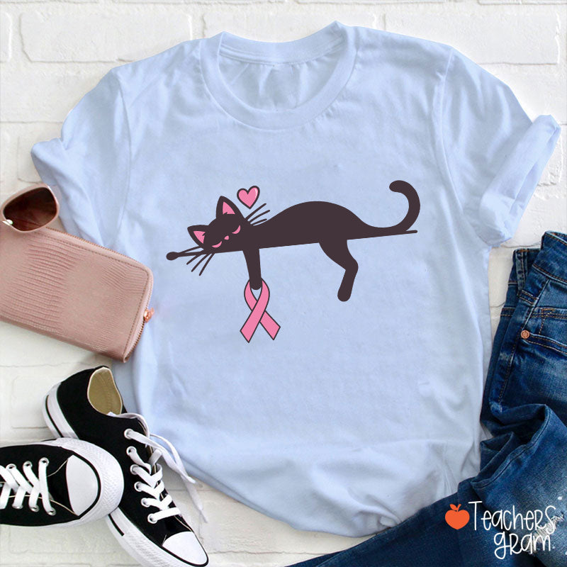 Black Cat With Pink Ribbon Awareness Teacher T-Shirt