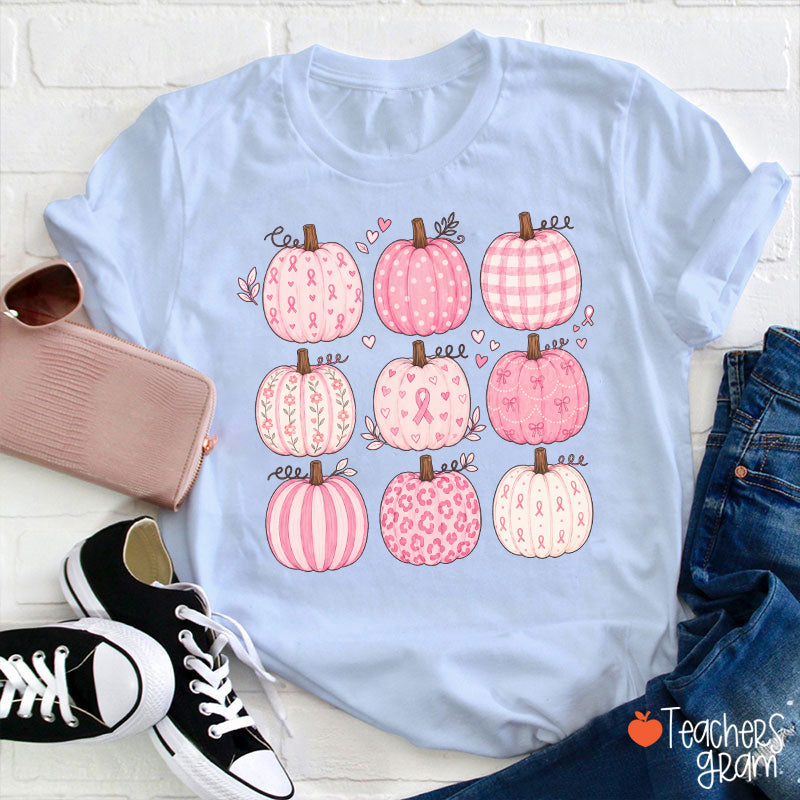 Pink Ribbon Breast Cancer Awareness Grid Pumpkin Teacher T-Shirt