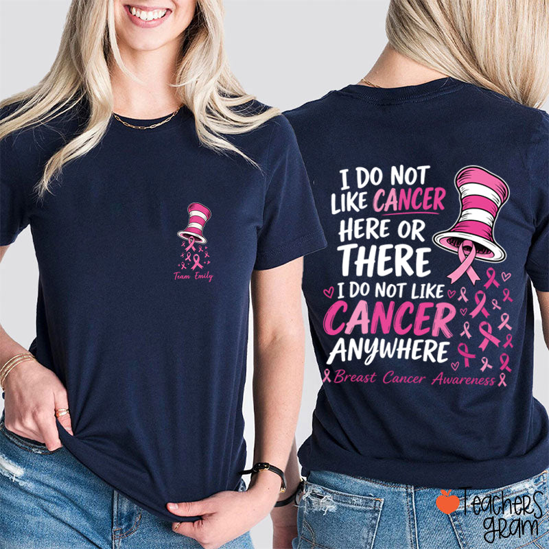 Personalized Team Name Pink Ribbon Striped Hat Teacher Two Sided T-Shirt