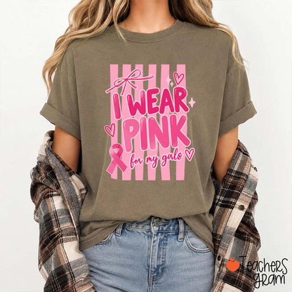 Personalized I Wear Pink For My People Striped Pink Ribbon Teacher T-Shirt