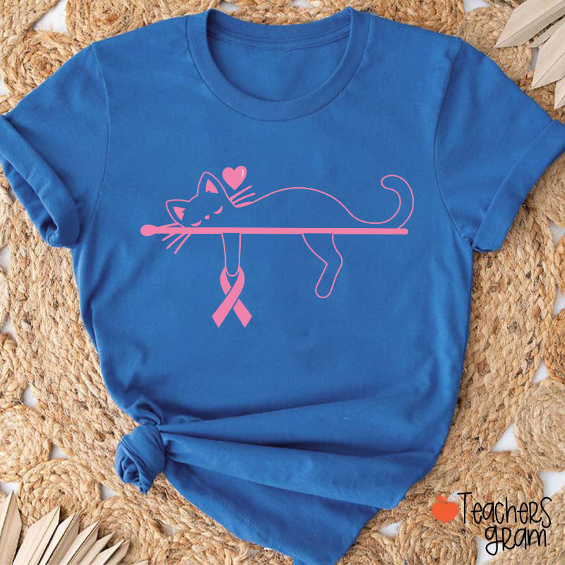 Black Cat With Pink Ribbon Awareness Teacher T-Shirt