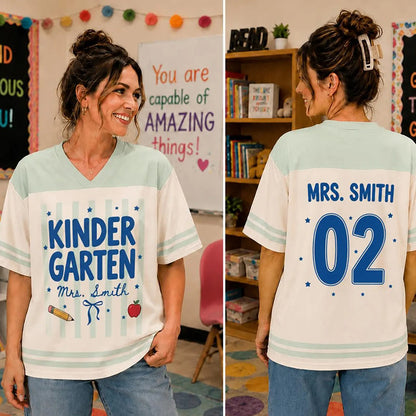 Personalized Grade Teacher Name And Number Apple Pencil Bow Teacher Mesh Jersey