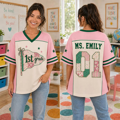 Personalized Grade And Name Preppy Patchwork Pennant First Day Teacher Mesh Jersey