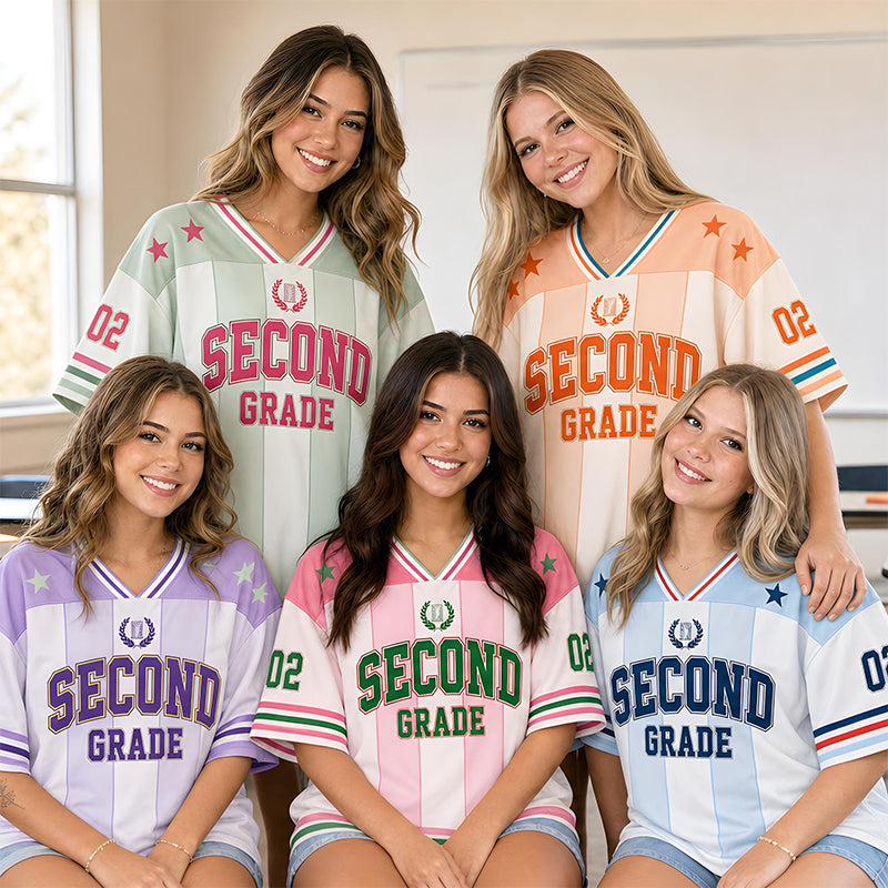 Personalized Grade Preppy Stripes Star First Day Teacher Mesh Jersey