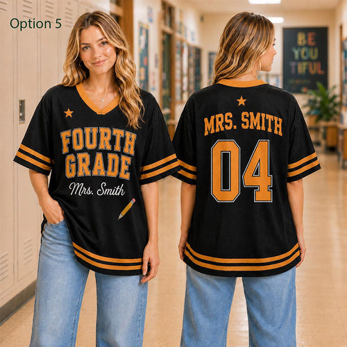 Personalized Grade And Name Preppy Double Stripe Teacher Mesh Jersey