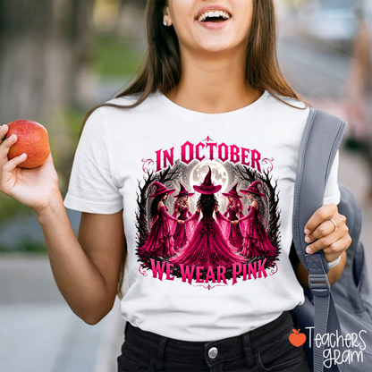 October Pink Witch Forest Night Graphic Breast Cancer Support Teacher T-Shirt