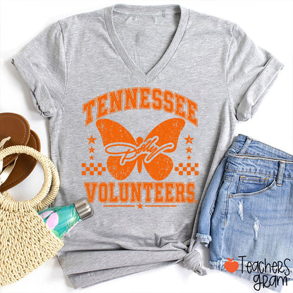 Volunteers Dolly Distressed Butterfly Teacher V-Neck T-Shirt