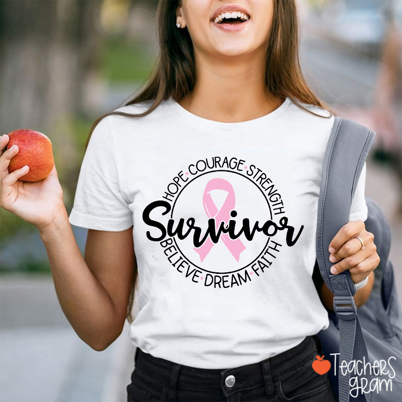Survivor Pink Ribbon Hope Breast Cancer Awareness Teacher T-Shirt