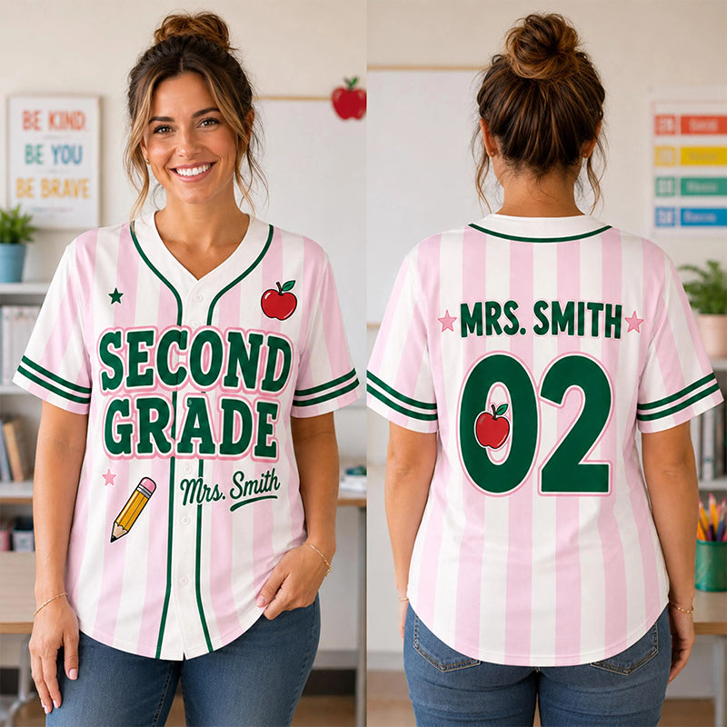 Personalized Grade And Name Preppy Stripes Apple Pencil Teacher Baseball Jersey
