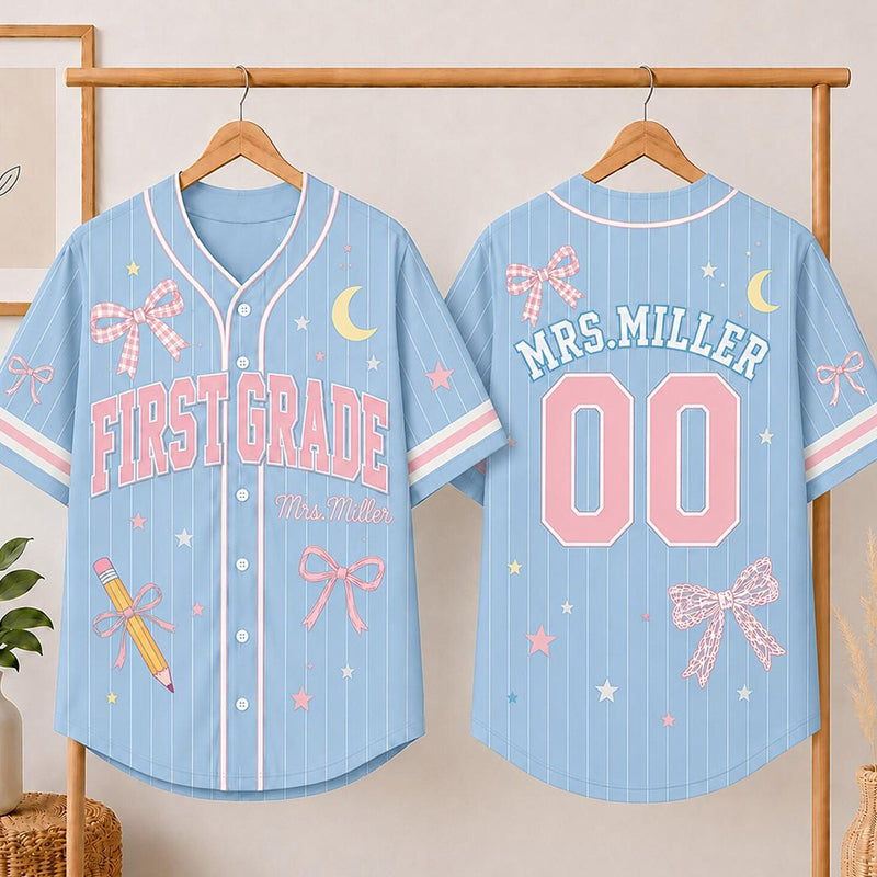 Personalized Grade And Name Bow Pencil Star Moon Graphic Teacher Baseball Jersey