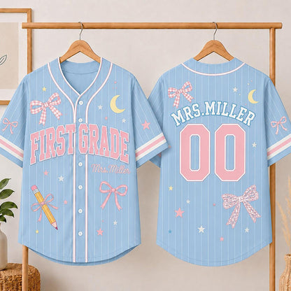 Personalized Grade And Name Bow Pencil Star Moon Graphic Teacher Baseball Jersey