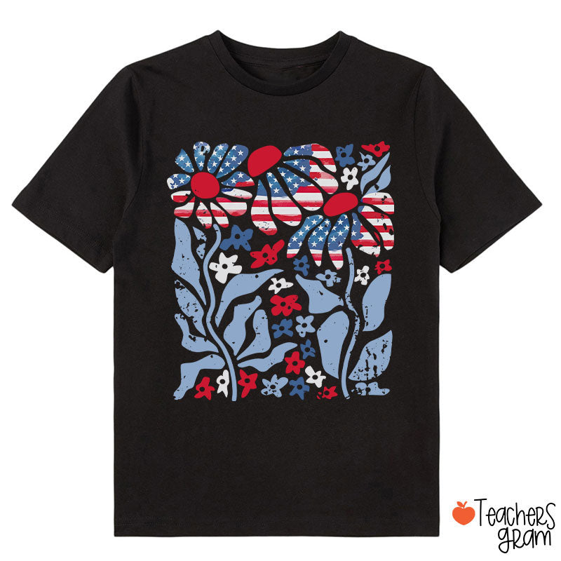 Boho Patriotic Daisy American Flag Floral Class T-Shirt