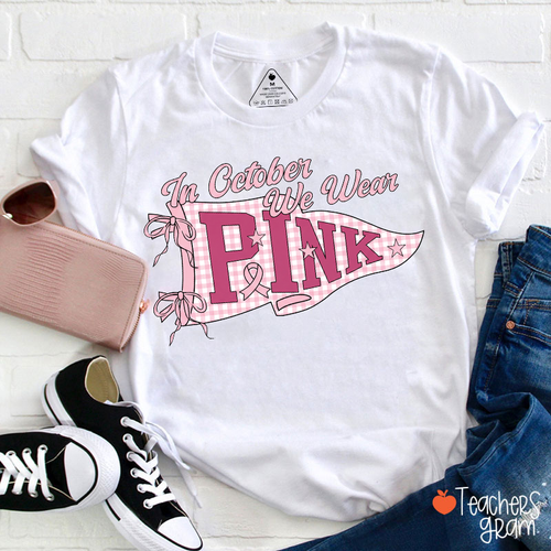 Retro Pennant Flag In October We Wear Pink Fall Graphic Teacher T-Shirt