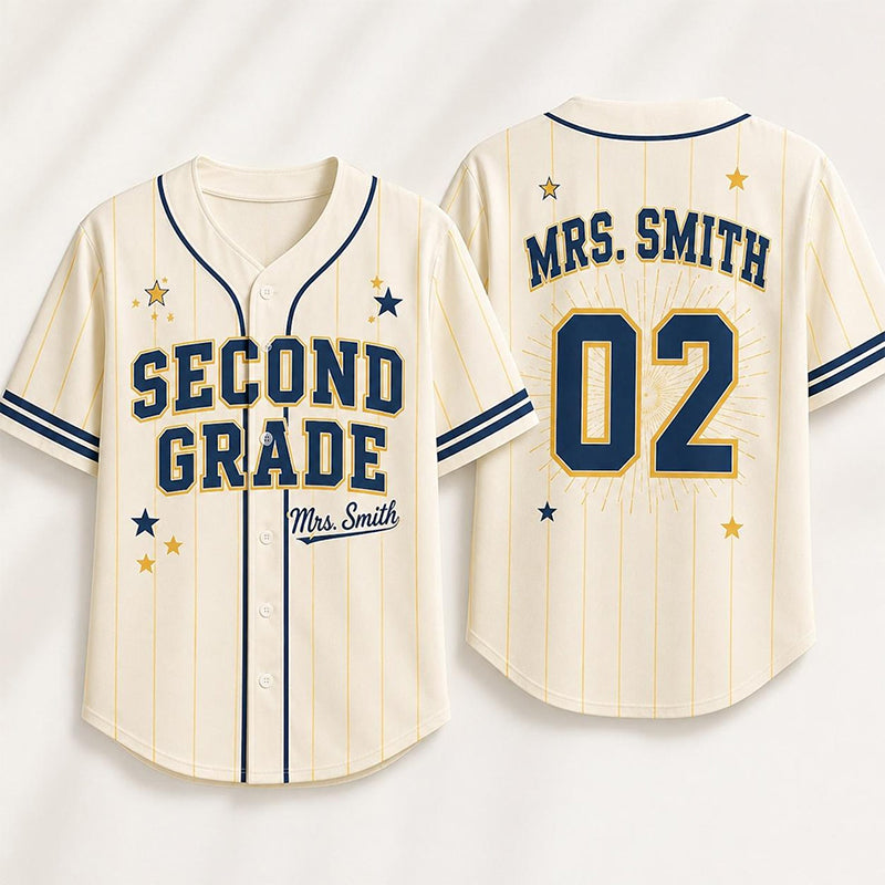 Personalized Grade And Name Preppy Pinstripe Star First Day Teacher Baseball Jersey