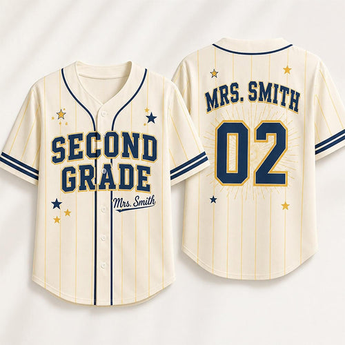 Personalized Grade And Name Preppy Pinstripe Star First Day Teacher Baseball Jersey