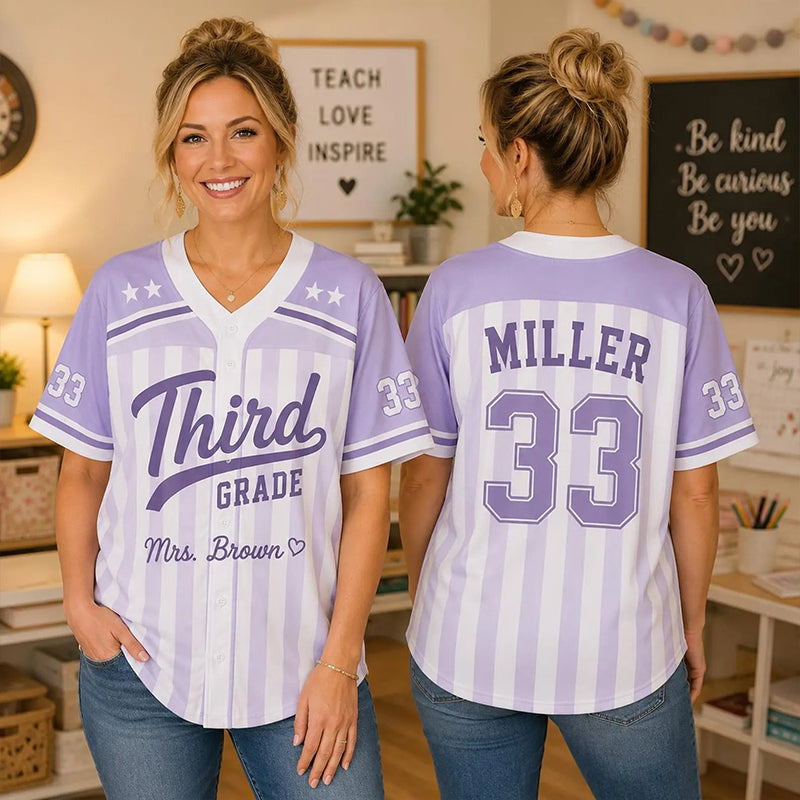 Personalized Grade And Name Preppy Color Block Stripes Script First Day Teacher Baseball Jersey