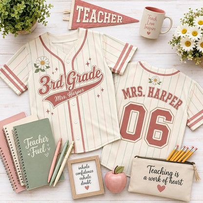 Personalized Grade Name Daisy Pinstripe Mesh Teacher Baseball Jersey